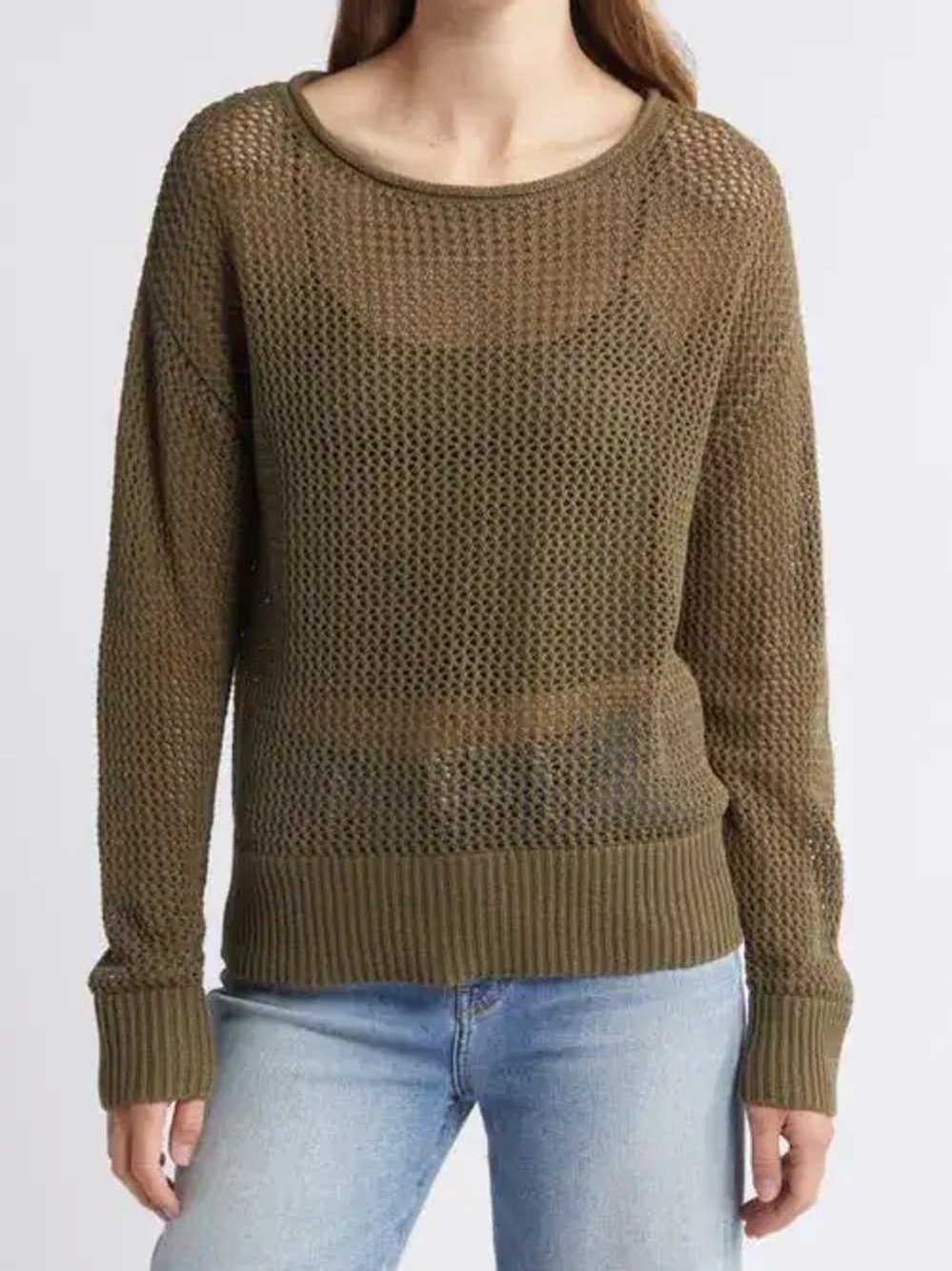 Sanctuary Olive Open-Weave Scoop Neck Sweater